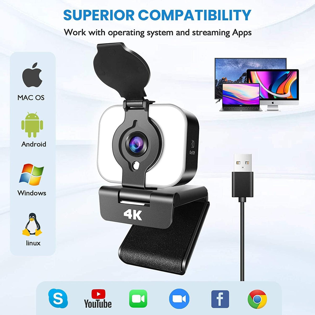 4K Webcam with Light, AutoFocus, Privacy Cover, Stereo Microphone M90967