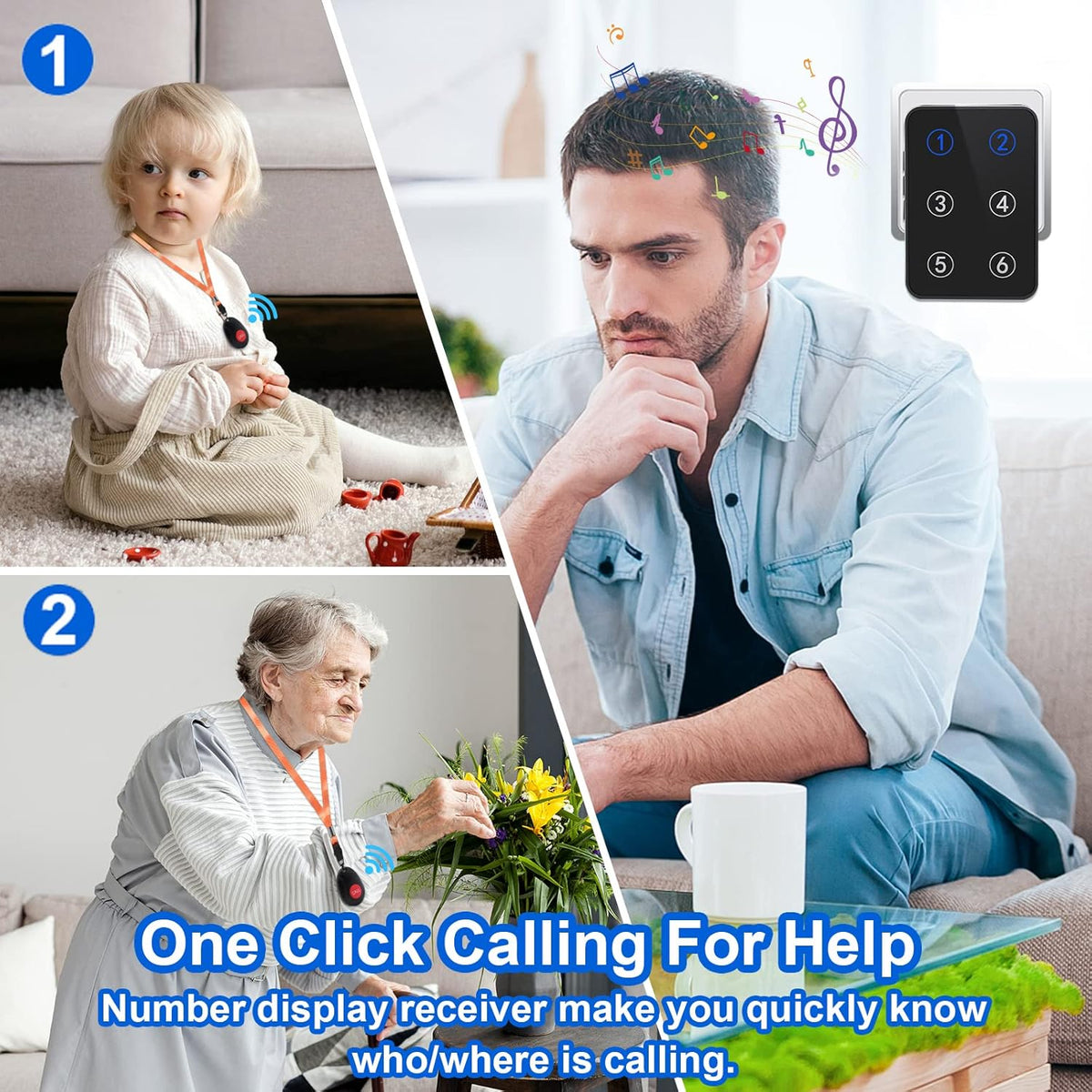 Wireless Caregiver Pager with 3 Number Display Plug-in Receiver 6 Transmitters D4335