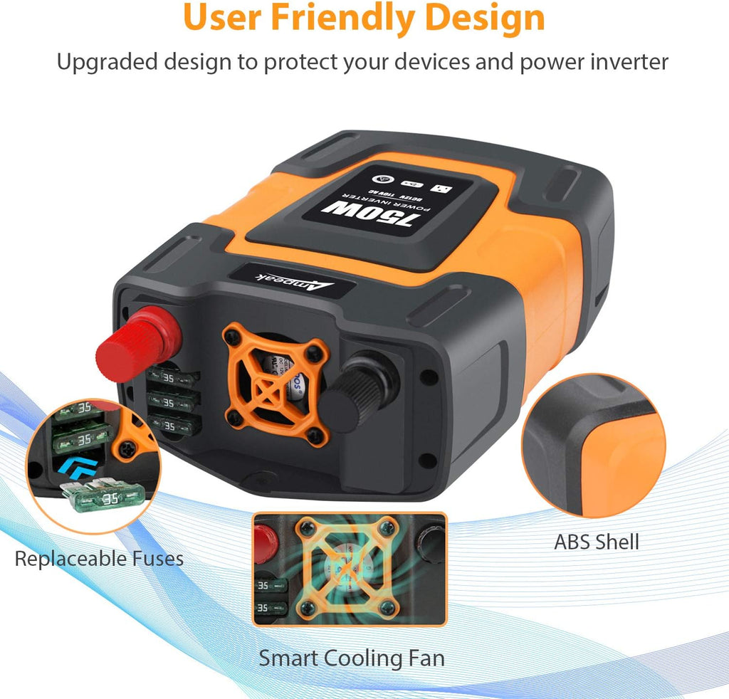750W Power Inverter 12V DC to 110V AC Converter with Dual USB Dual AC Outlets T3374