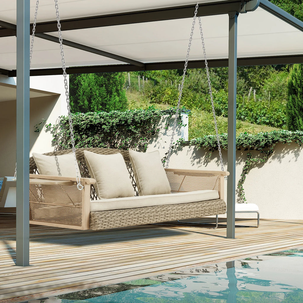 3-Person 55in Wicker Hanging Swing Bench with Cushions and Cupholders C22461