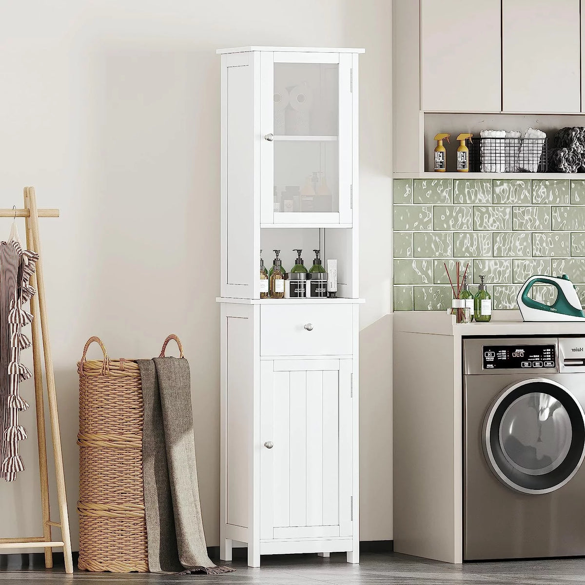 White Tall Bathroom Floor Cabinet with Glass Doors N34333