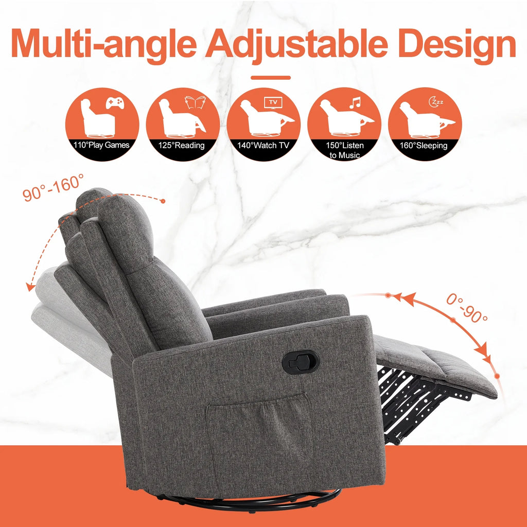 Grey Swivel Glider Rocker Recliner Chair with Adjustable Backrest and Footrest I217486