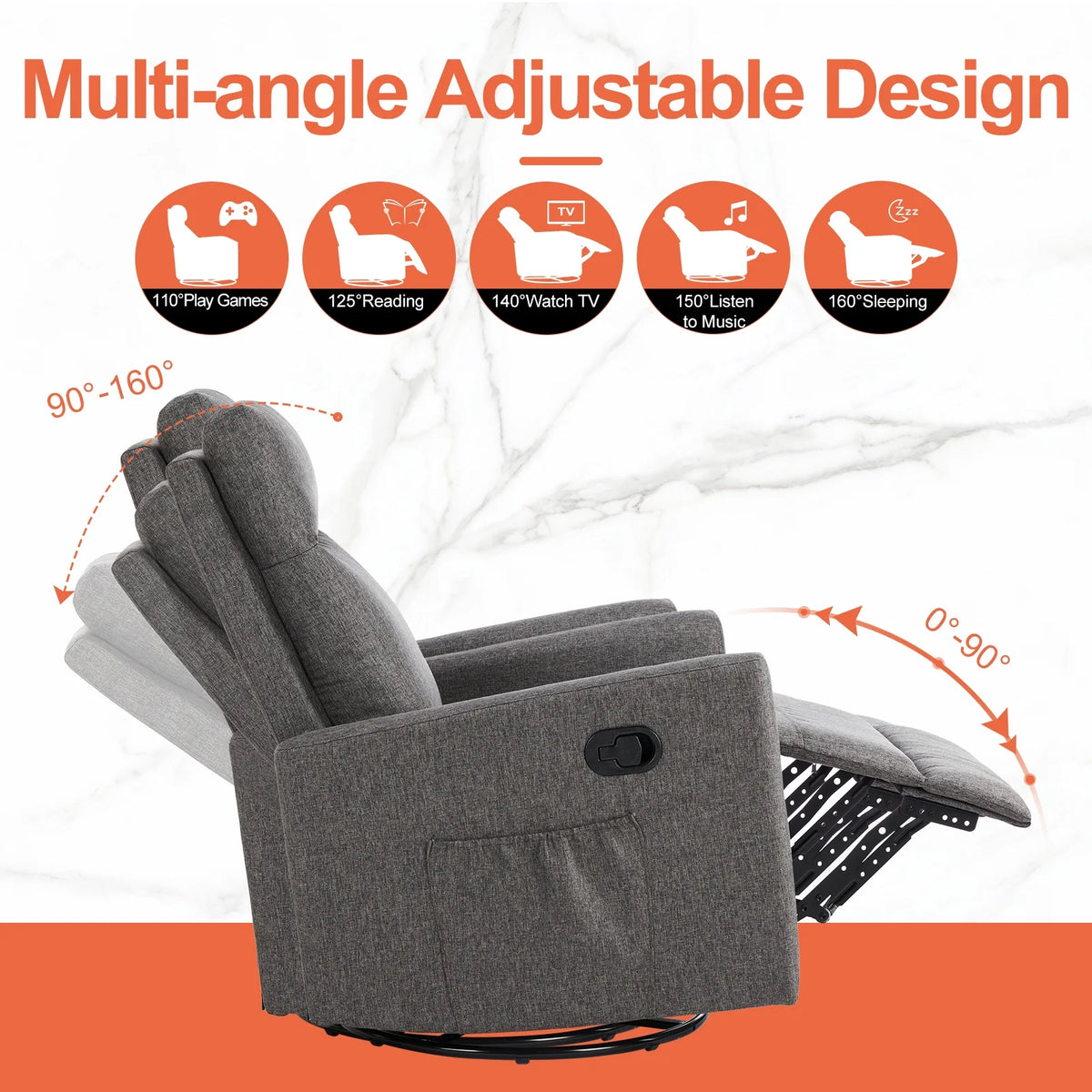 Grey Swivel Glider Rocker Recliner Chair with Adjustable Backrest and Footrest I217486