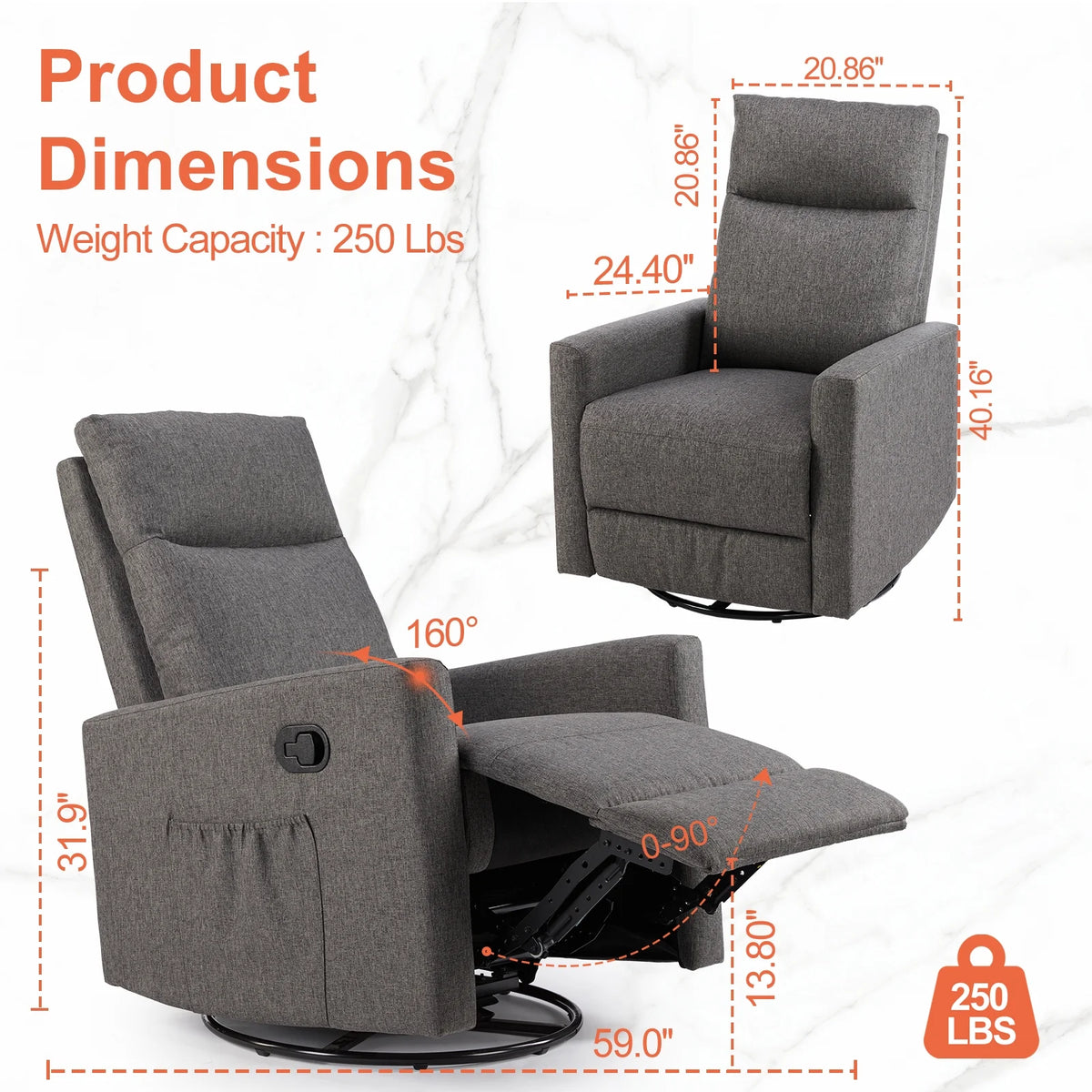 Grey Swivel Glider Rocker Recliner Chair with Adjustable Backrest and Footrest I217486