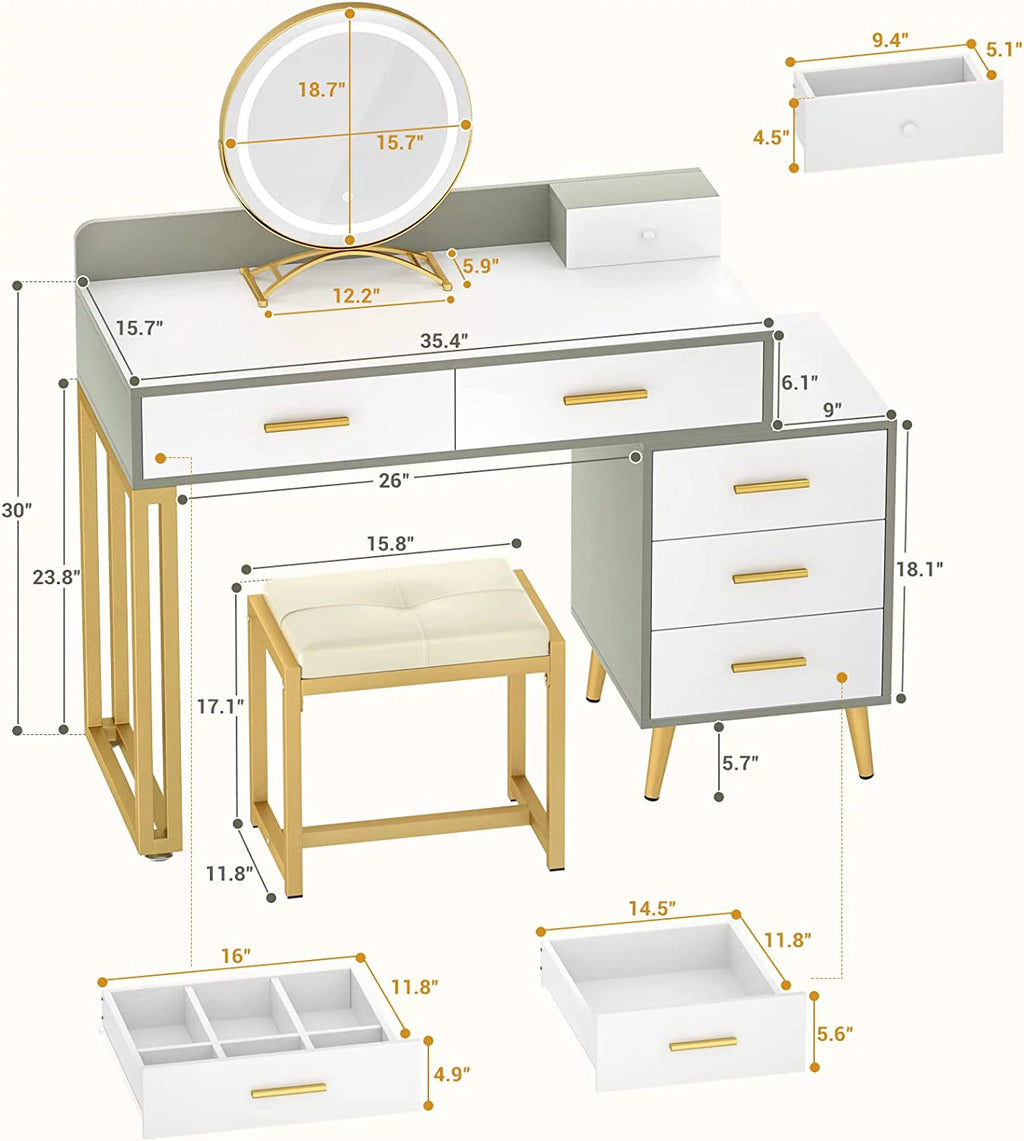 White Reversible Vanity Desk with Lighted Mirror and Stool Z63027