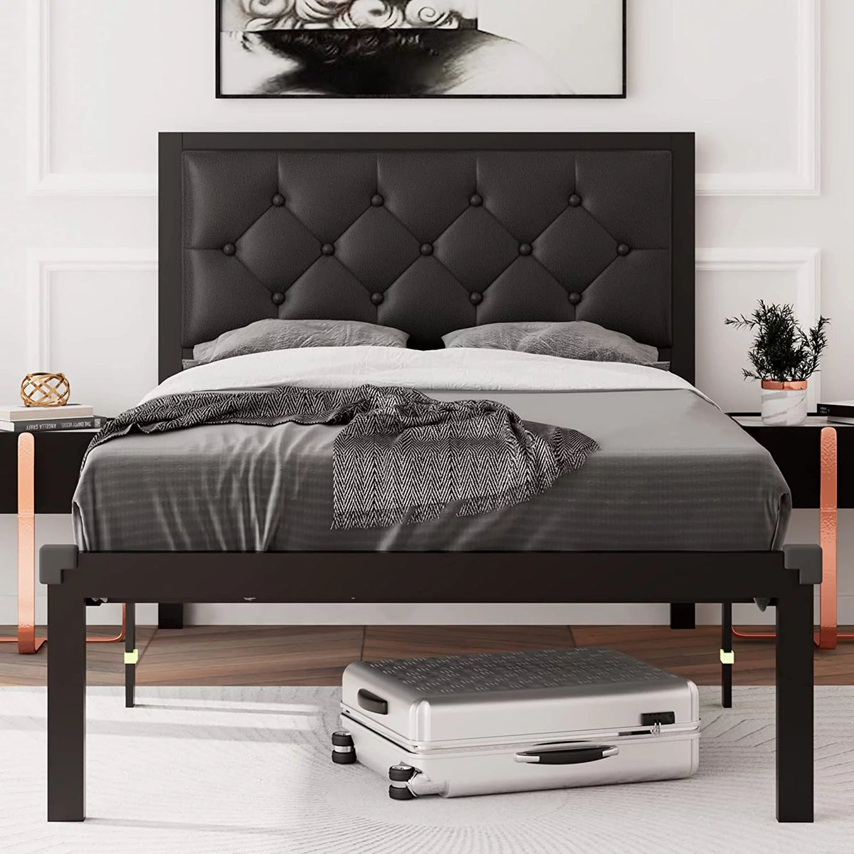 Twin Size Black Metal Bed Frame with Faux Leather Tufted Headboard G4169