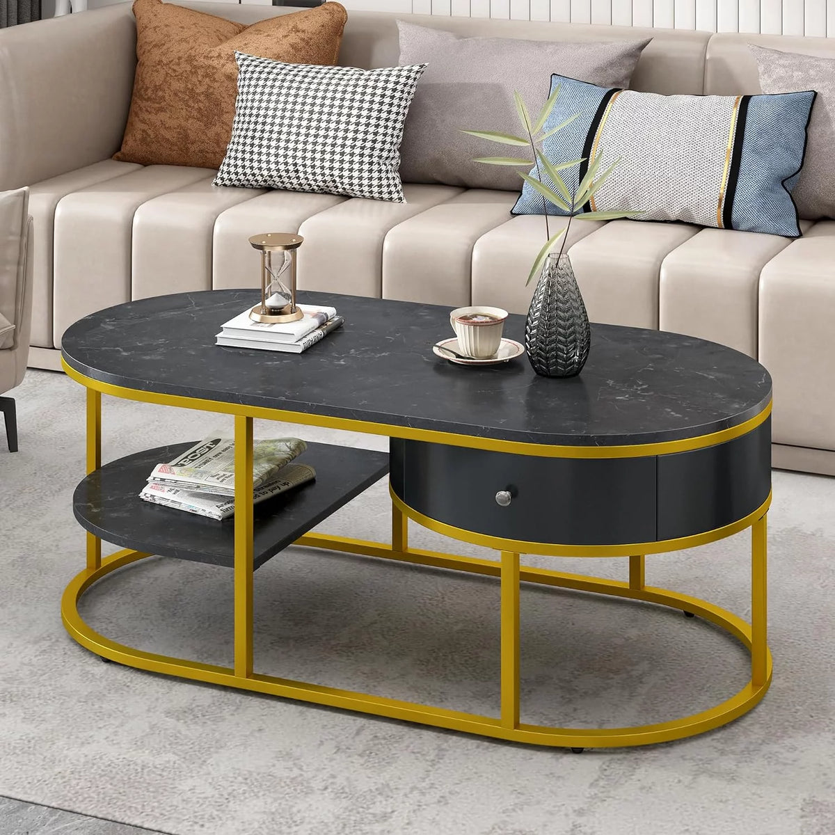 White Oval Marble Coffee Table with Storage V306570