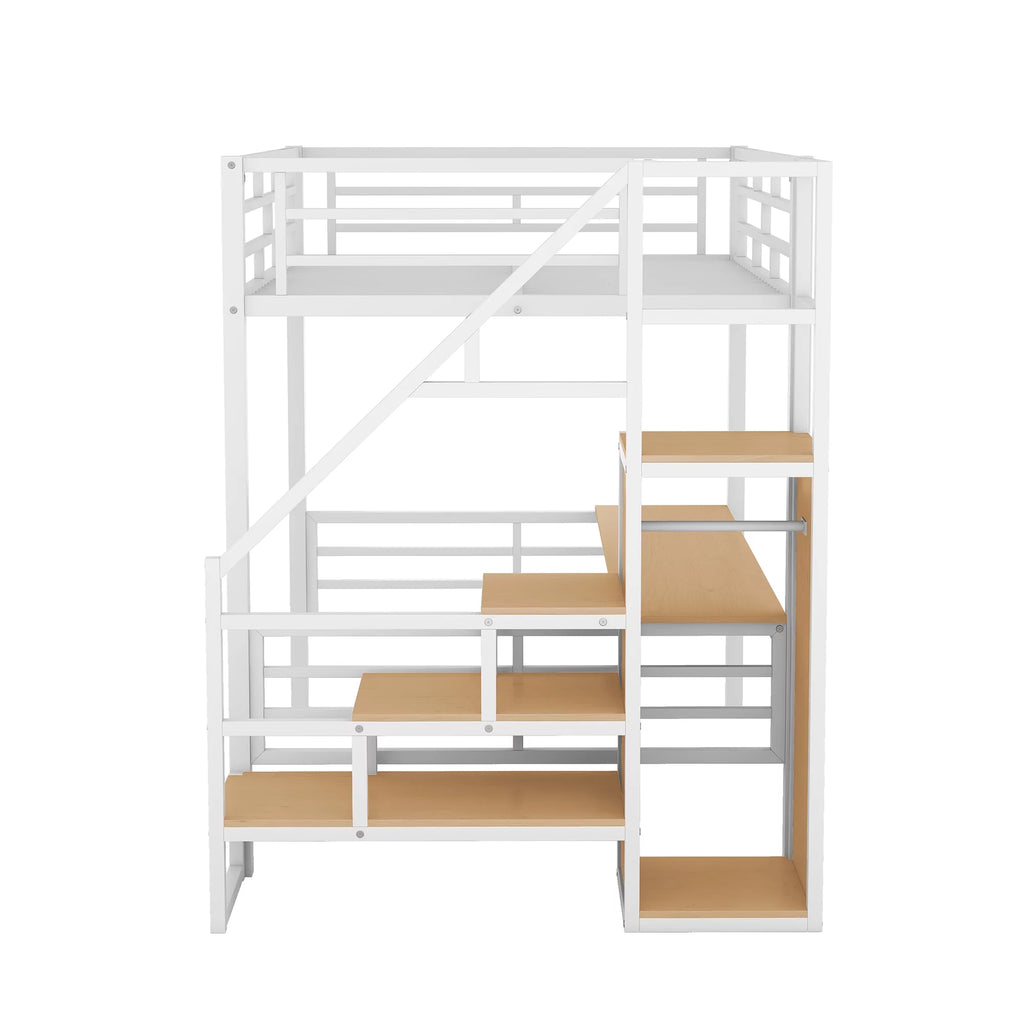White Full Size Metal Loft Bed with Desk and Storage Staircase J731