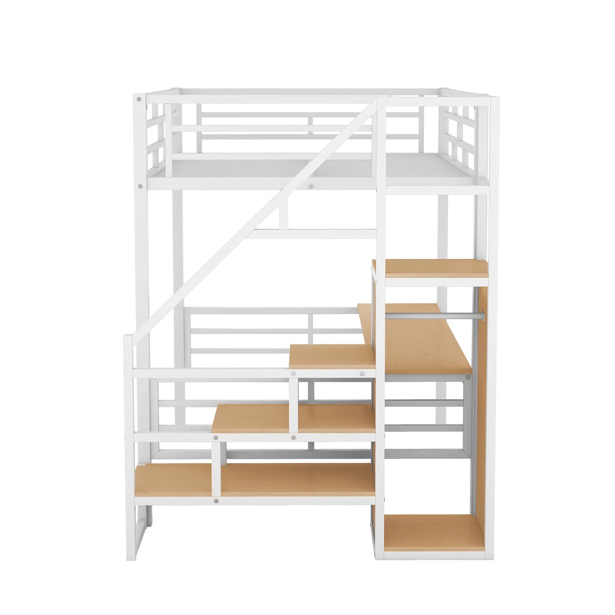 White Full Size Metal Loft Bed with Desk and Storage Staircase J731