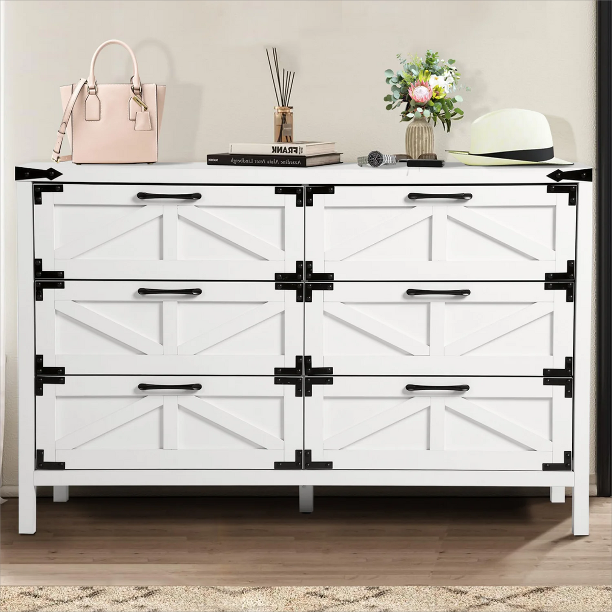 White 6 Drawer Dresser with Golden Handle J677231