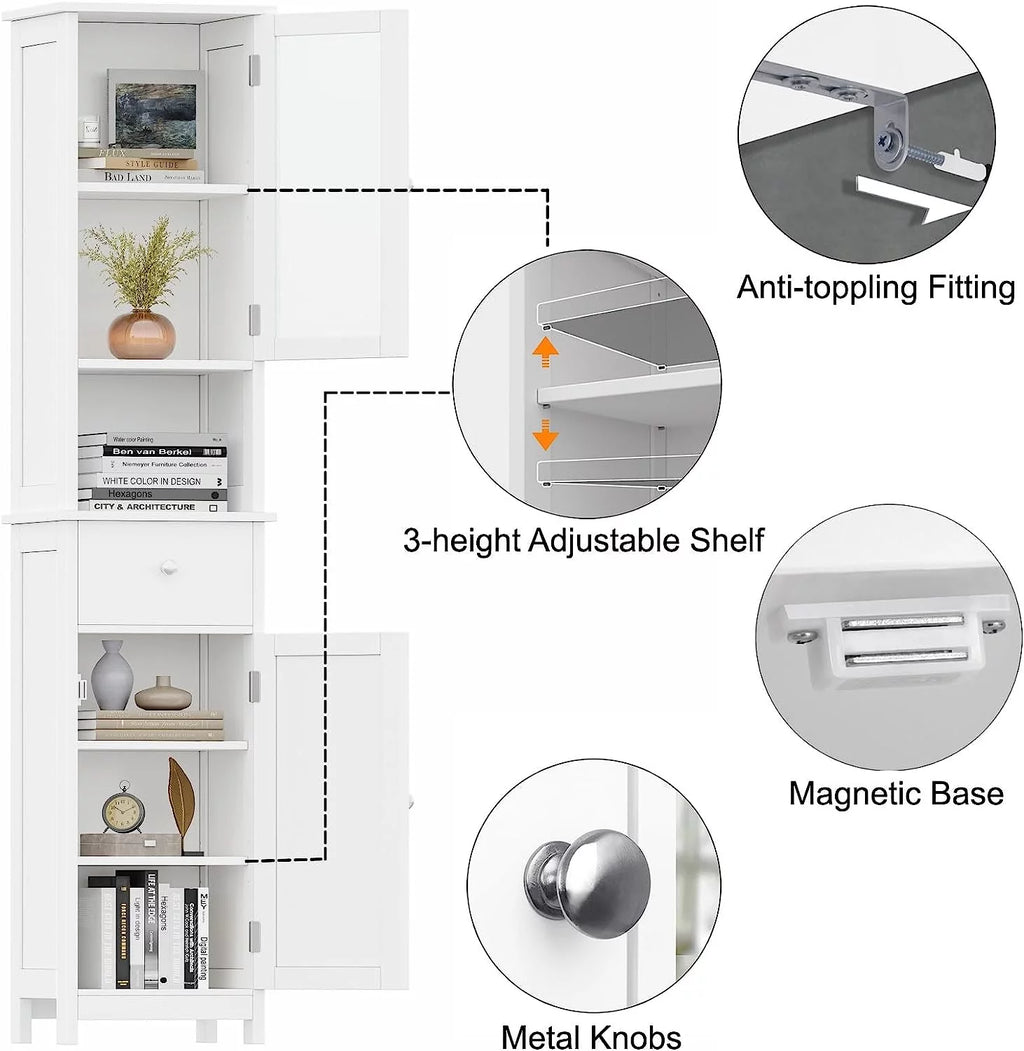 White Tall Bathroom Floor Cabinet with Glass Doors N34333