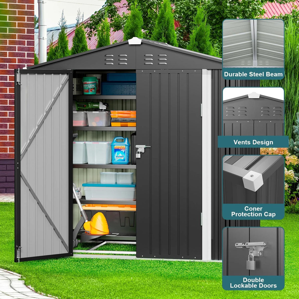 6' x 4' Dark Gray Metal Outdoor Storage Shed with Base Frame F145421