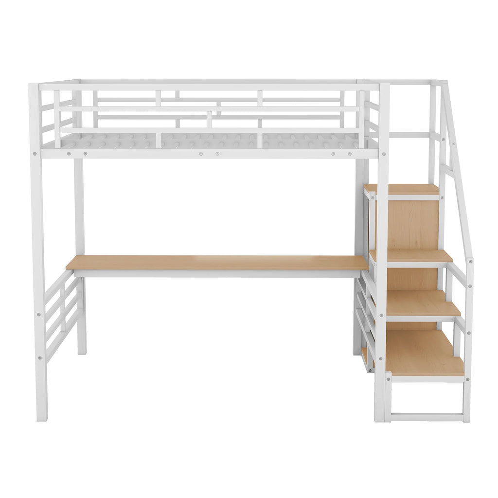 White Full Size Metal Loft Bed with Desk and Storage Staircase J731