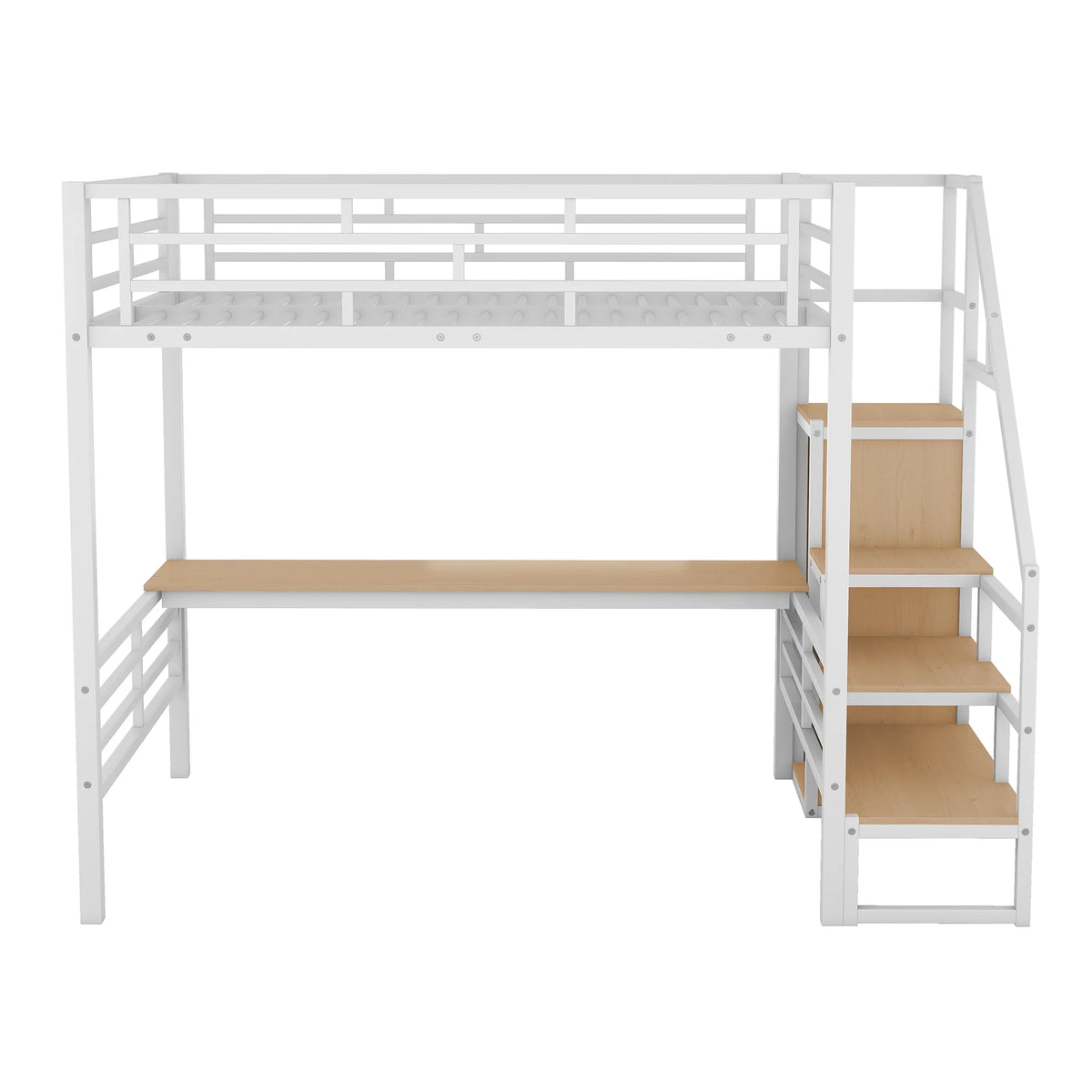 White Full Size Metal Loft Bed with Desk and Storage Staircase J731
