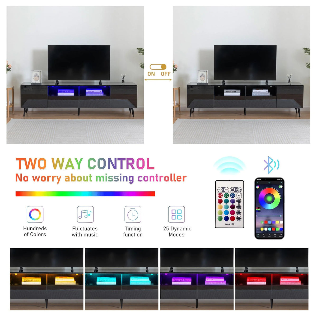 Black TV Stand with LED Lights and Storage Drawers S137