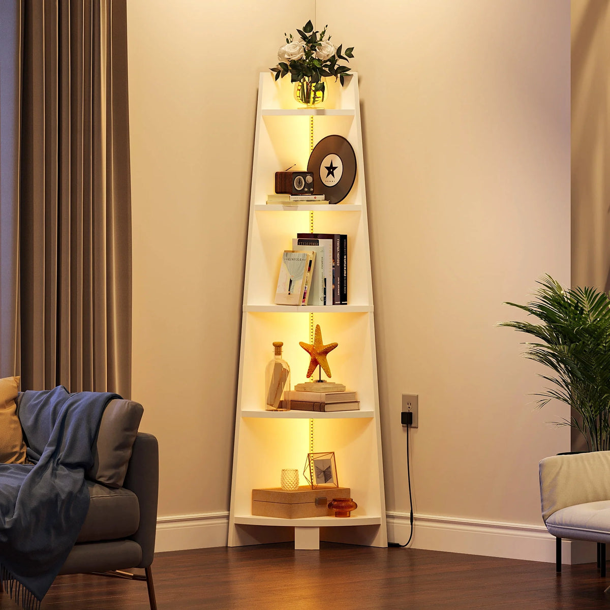White 5 Tier Corner Shelf with Led Light H5323