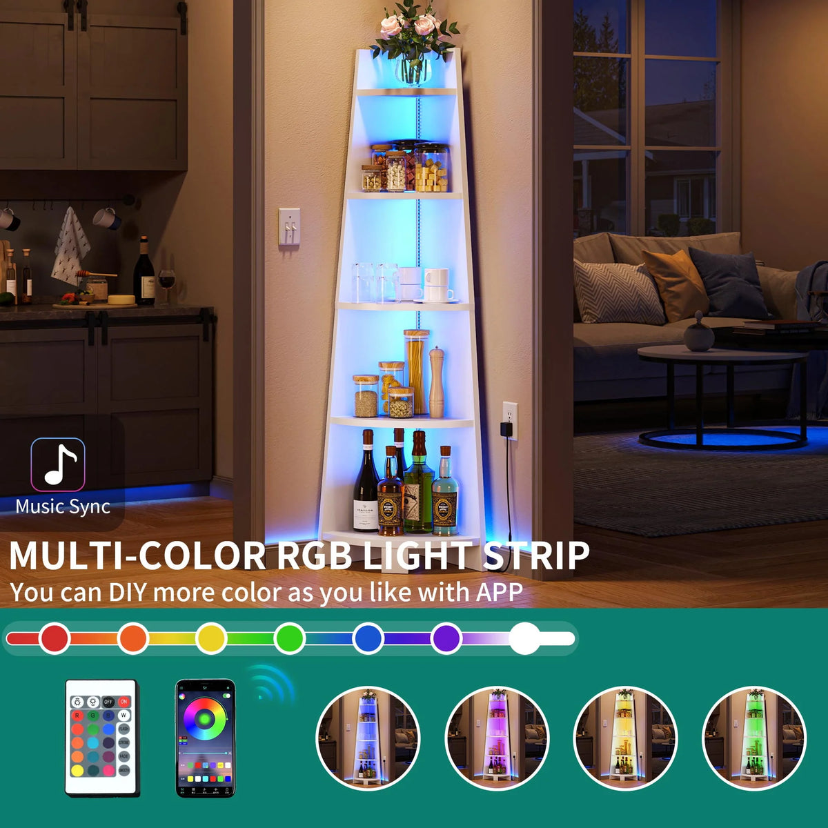 White 5 Tier Corner Shelf with Led Light H5323