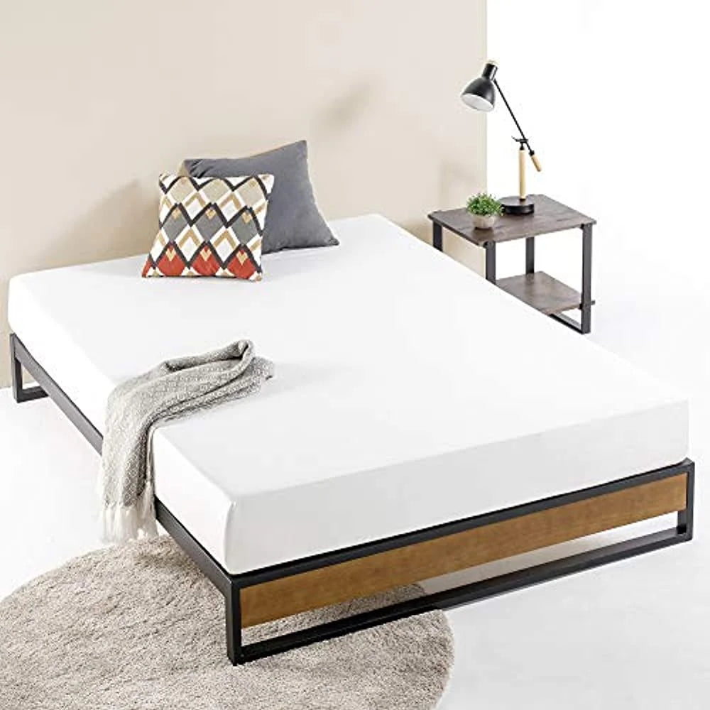10 Inch Metal and Wood Platform Bed Frame with Wood Slat Support Brown Twin V6781