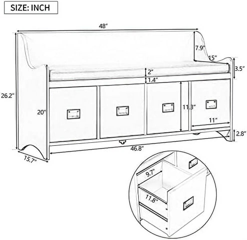 48" Entry Bench with Removable Cushion and 4 Drawers White C849