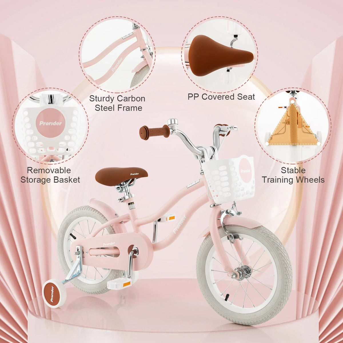 14'' Kids Bike with Training Wheels & Basket Pink V198614