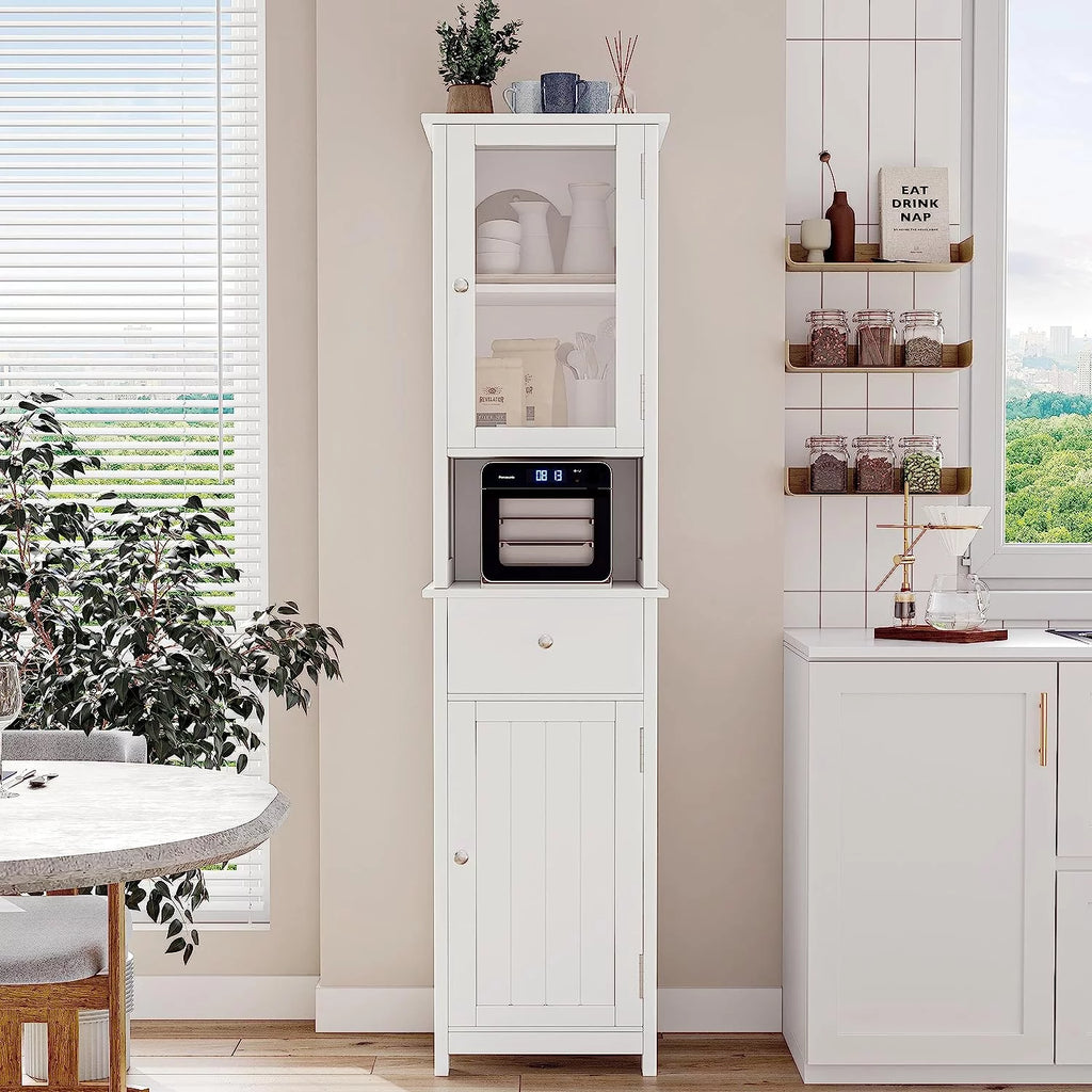 White Tall Bathroom Floor Cabinet with Glass Doors N34333