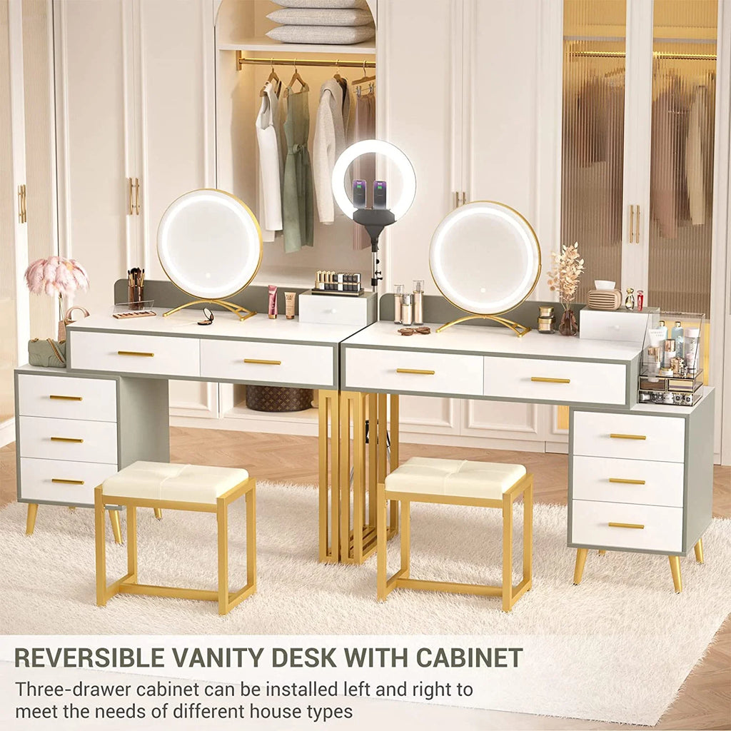 White Reversible Vanity Desk with Lighted Mirror and Stool Z63027