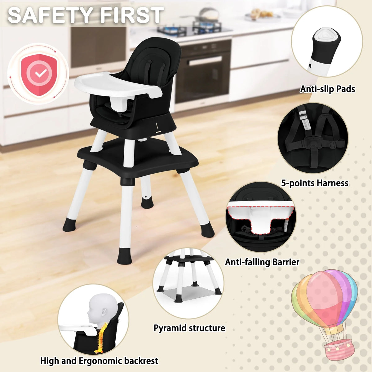 8 in 1 Black Baby High Chair W1881