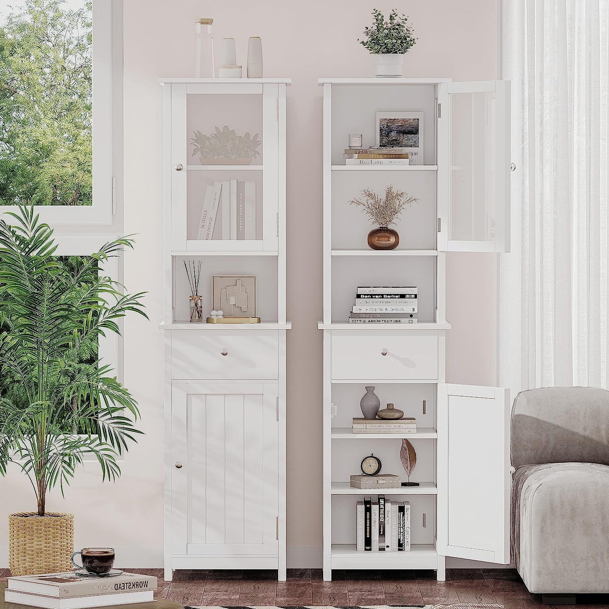 White Tall Bathroom Floor Cabinet with Glass Doors N34333