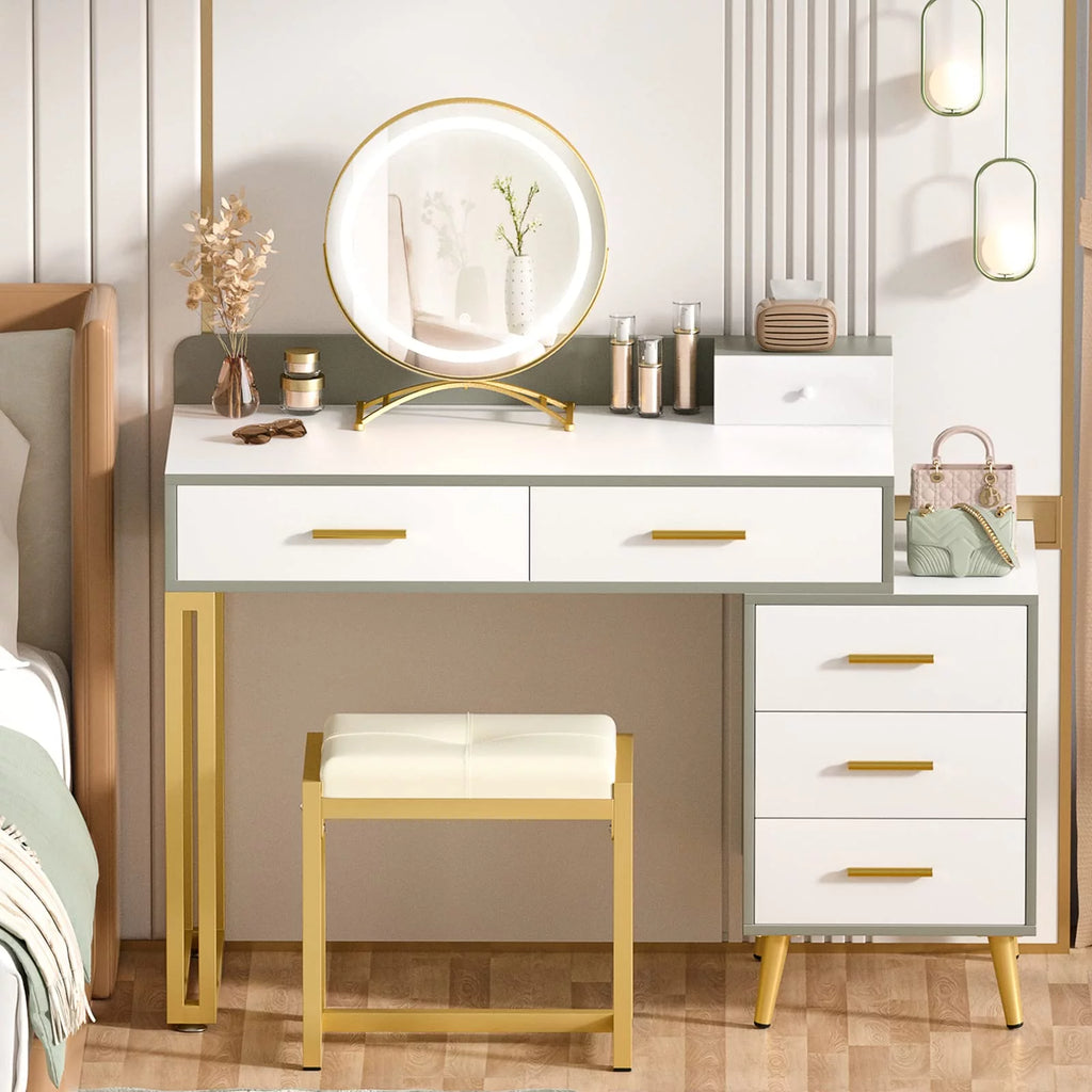 White Reversible Vanity Desk with Lighted Mirror and Stool Z63027