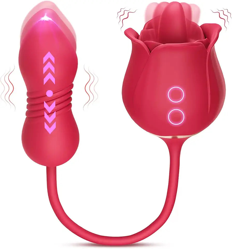 Rose Sex Toy Dildo Vibrator 3in1 Stimulator with 9 Tongue Licking & 9 Thrusting U91820