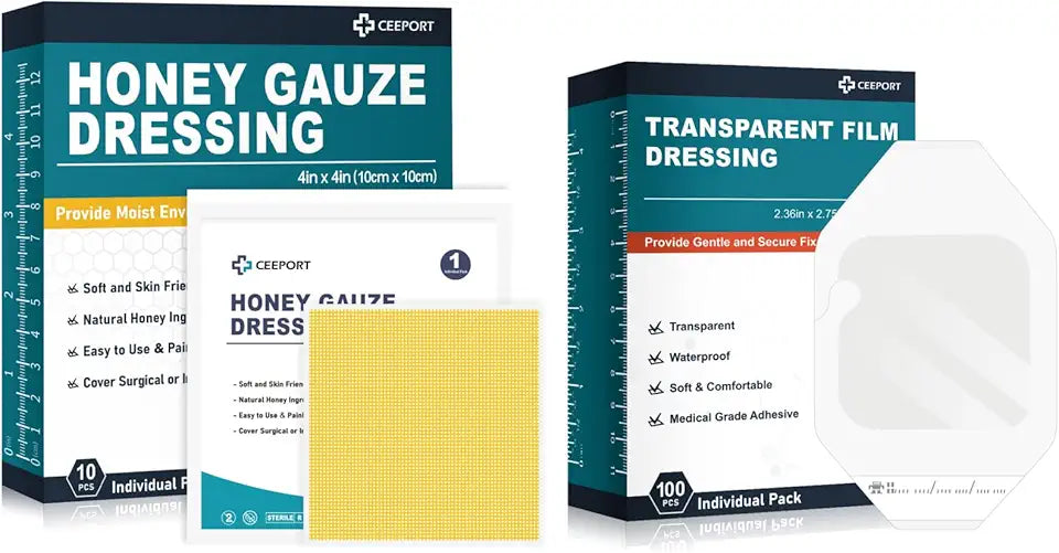 Manuka Honey Gauze Dressing 4" x 4" 10pcs + Transparent Film Dressing 2.36" x 2.75" 100Pcs G59687