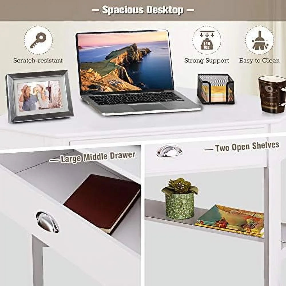 White Corner Desk with Drawer & Shelf S94889