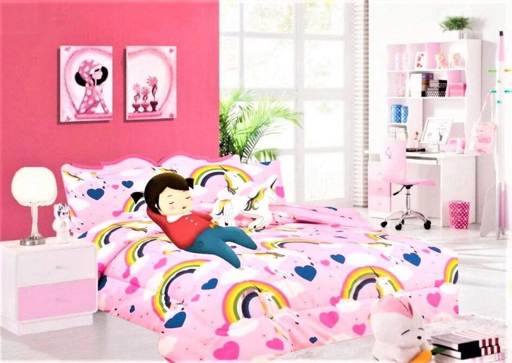Twin Comforter with Sheet Set and Pillow Plush Toy Unicorn Rainbow Print I5782