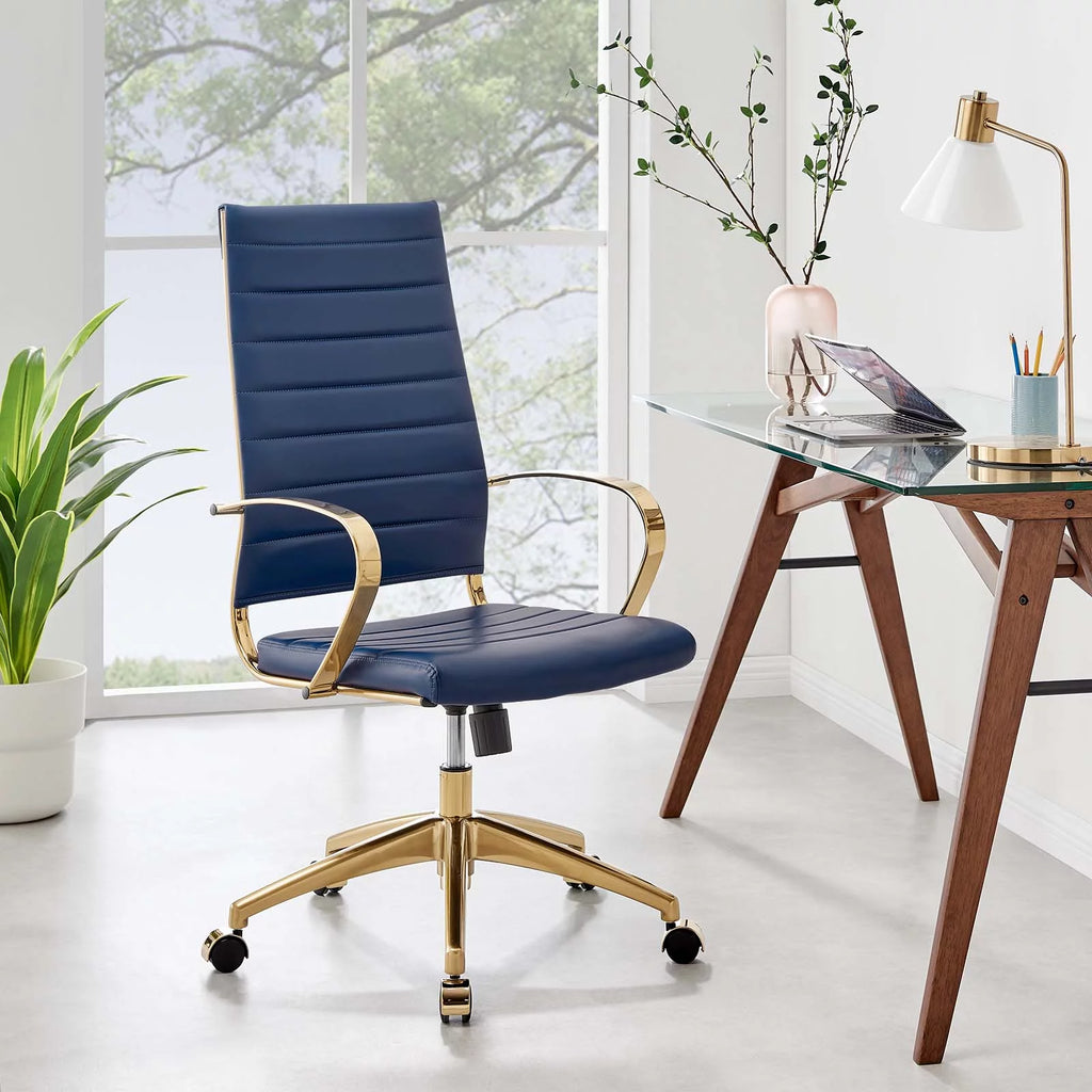 Navy Gold Faux Vinyl Leather High Back Chair I437