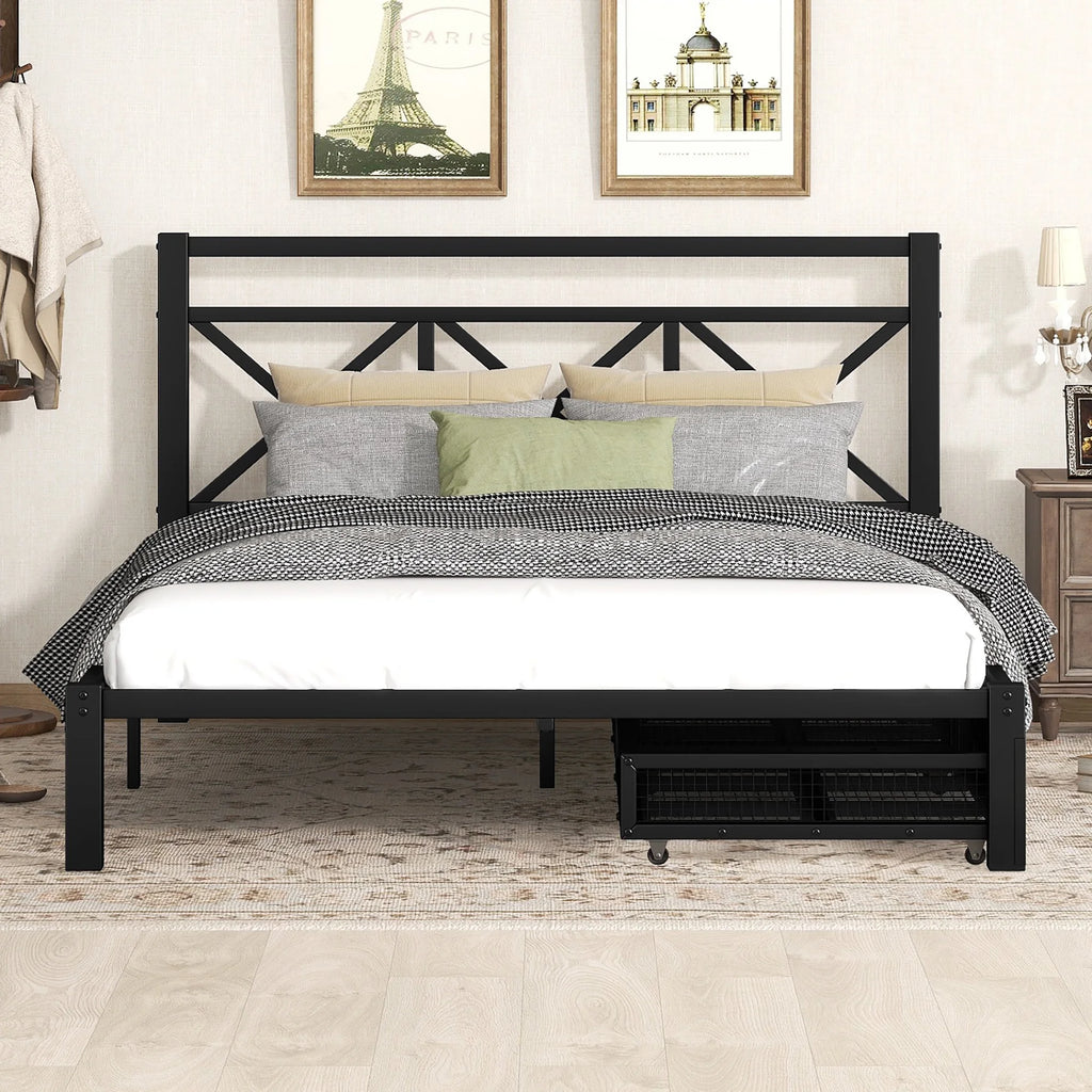 Black Metal Twin Size Platform Bed with Two Drawers O2803
