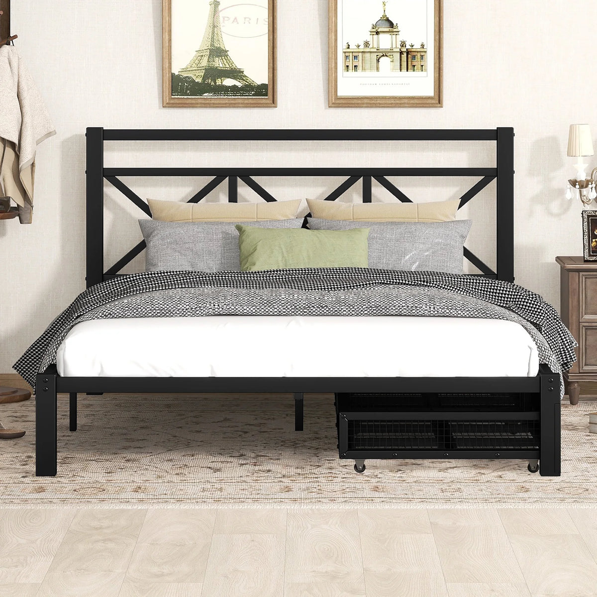 Black Metal Twin Size Platform Bed with Two Drawers O2803