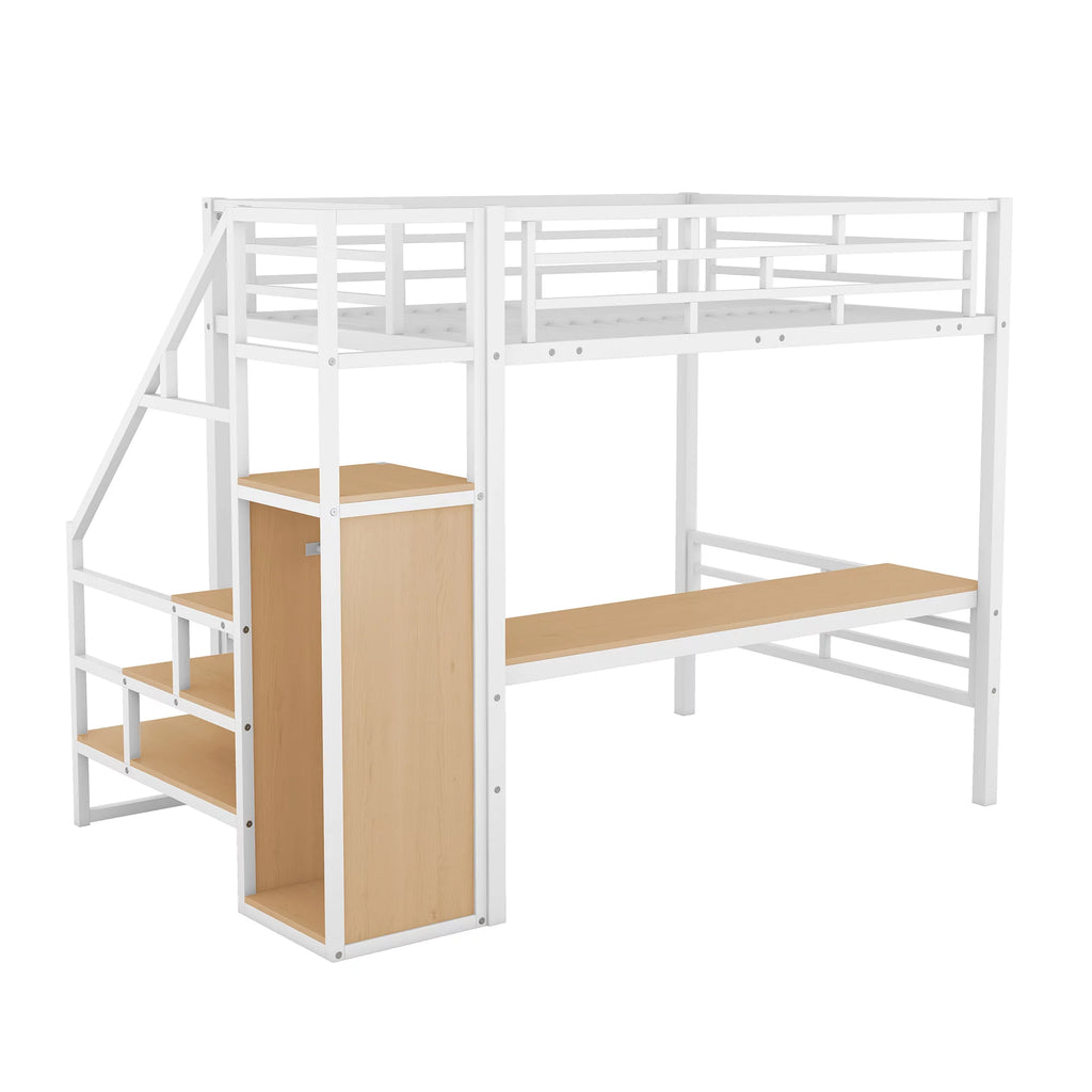 White Full Size Metal Loft Bed with Desk and Storage Staircase J731