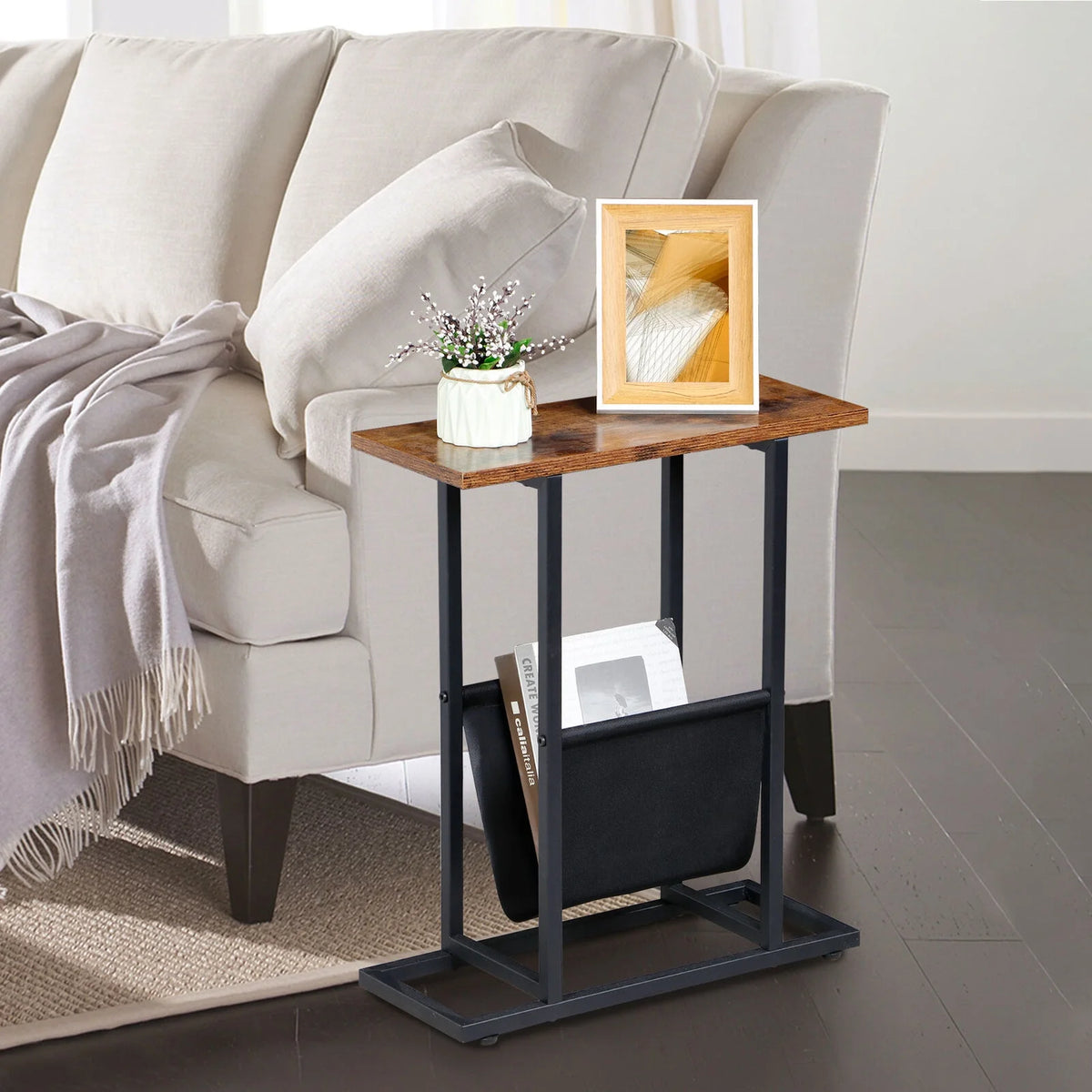 Narrow Brown Side Table with Magazine Holder J754910