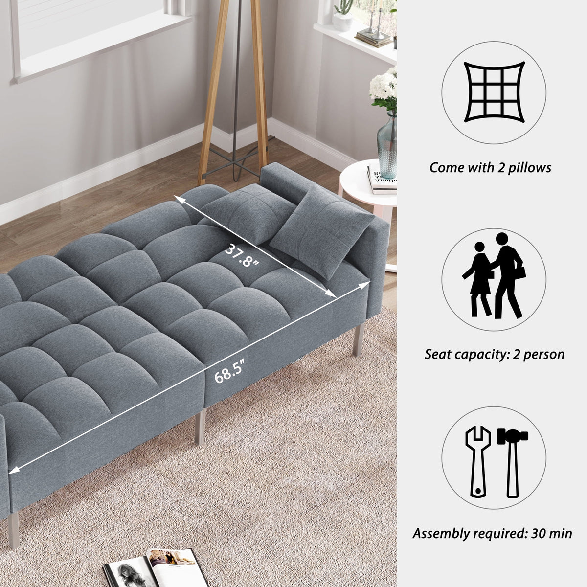 Dark Gray Linen Convertible Futon Sofa Bed B704185