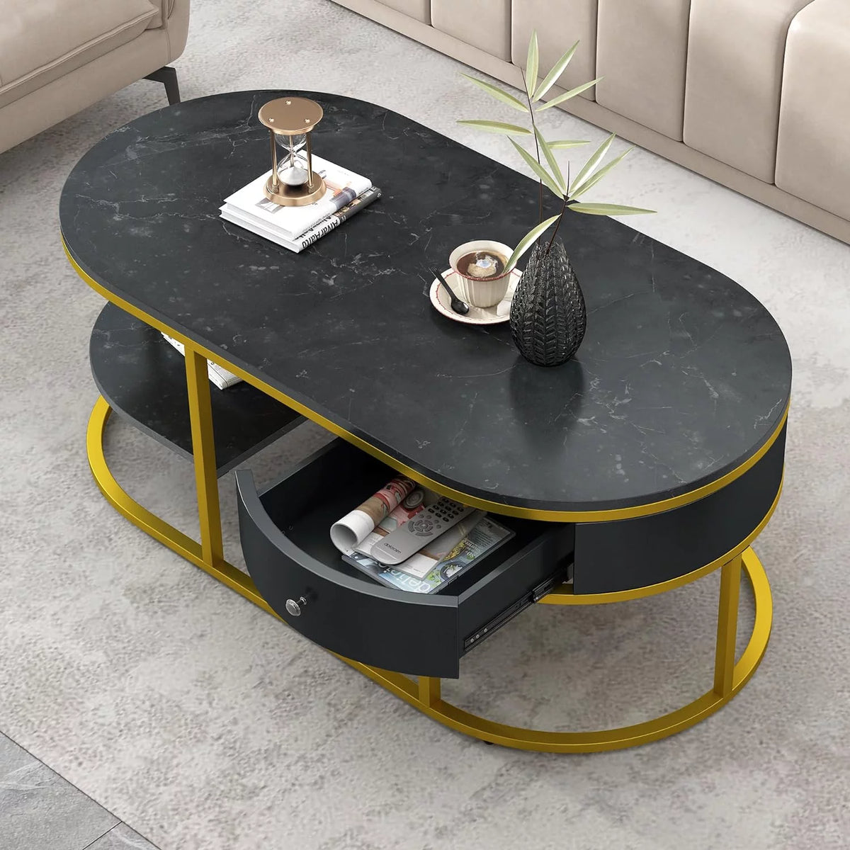 White Oval Marble Coffee Table with Storage V306570