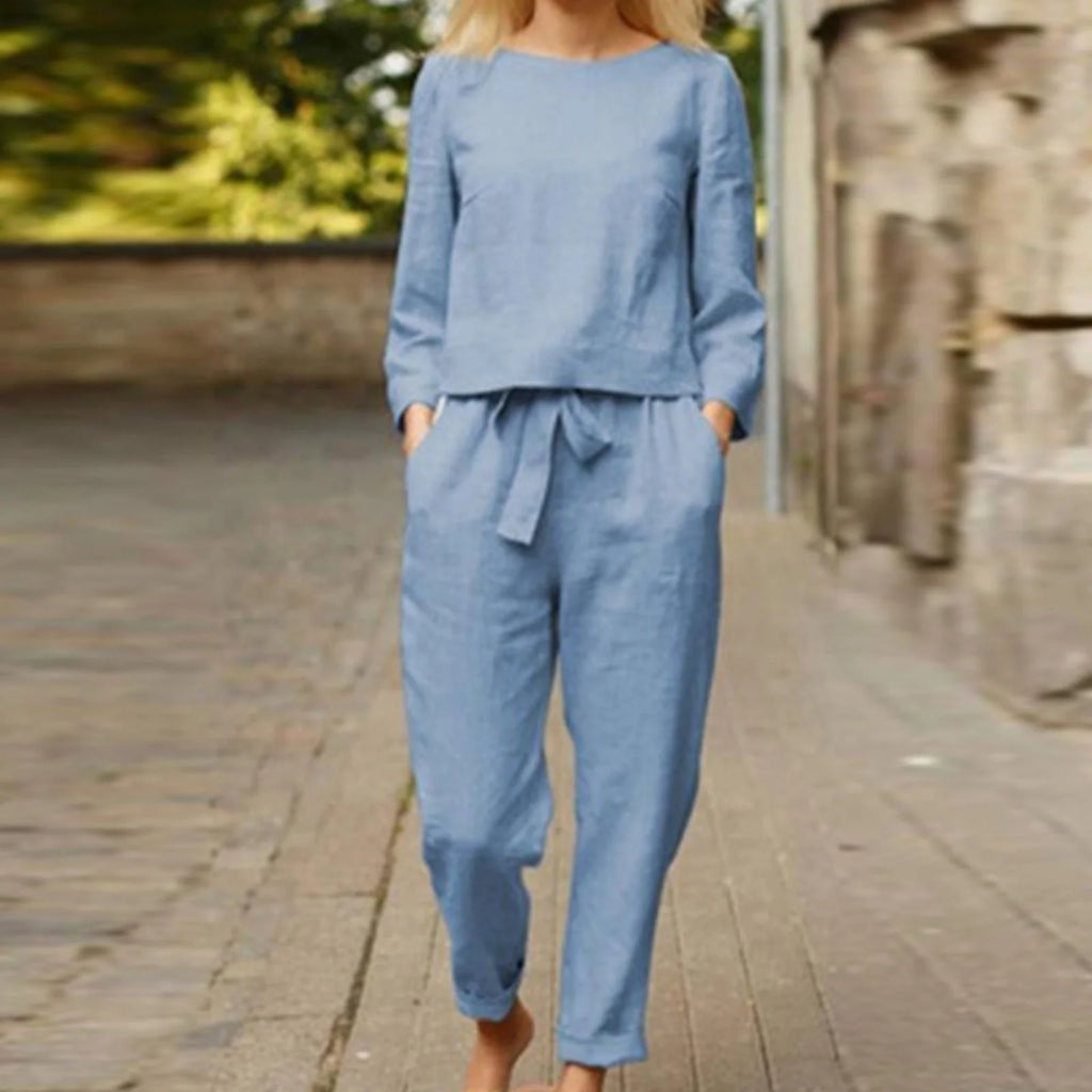 Women's Casual 2 Piece Long Sleeve Top and Tie Waist Pants Lounge Set W4488