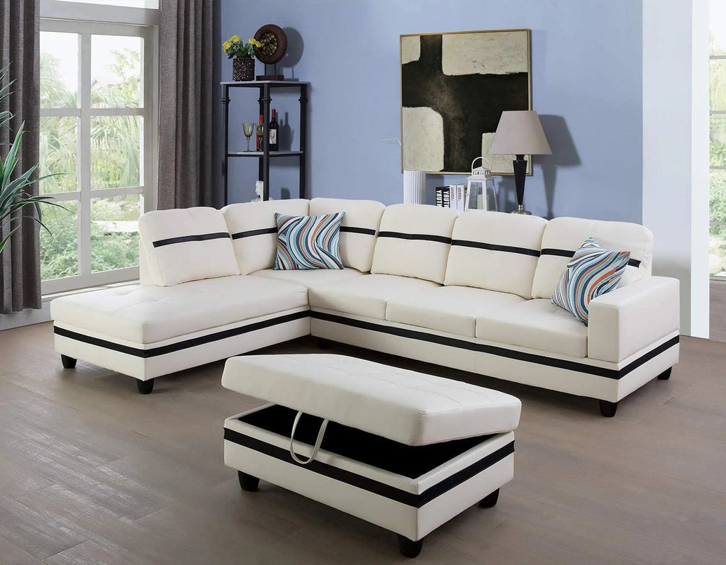 White & Black Faux Leather Sectional with Ottoman V5136