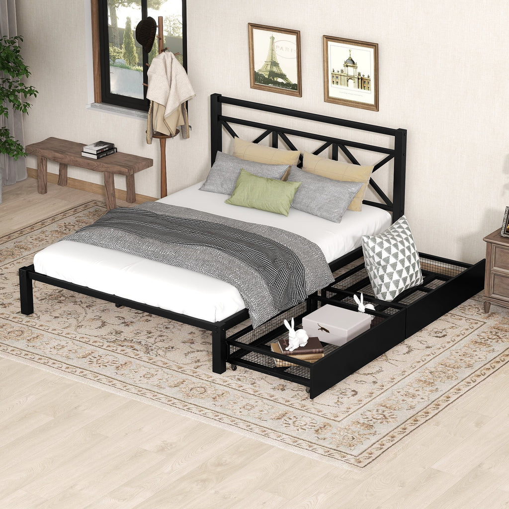 Black Metal Twin Size Platform Bed with Two Drawers O2803