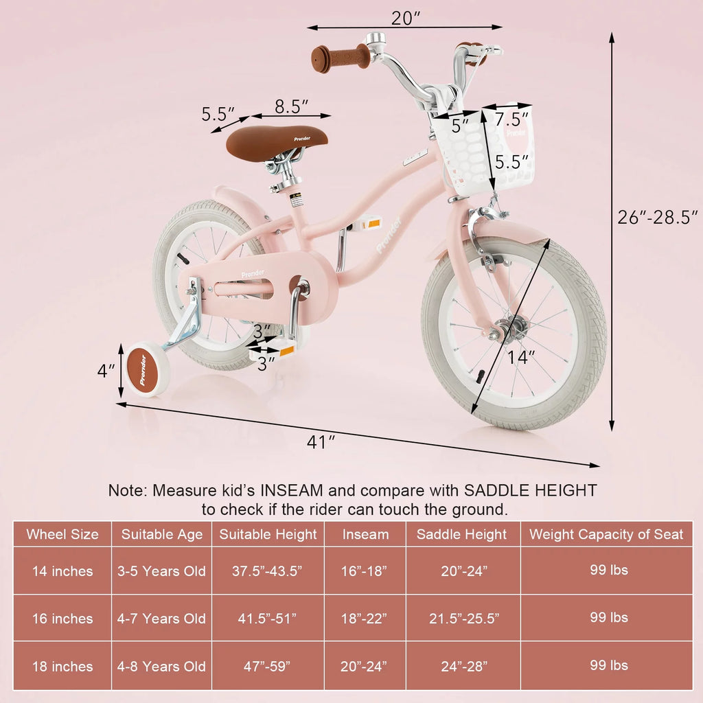 14'' Kids Bike with Training Wheels & Basket Pink V198614
