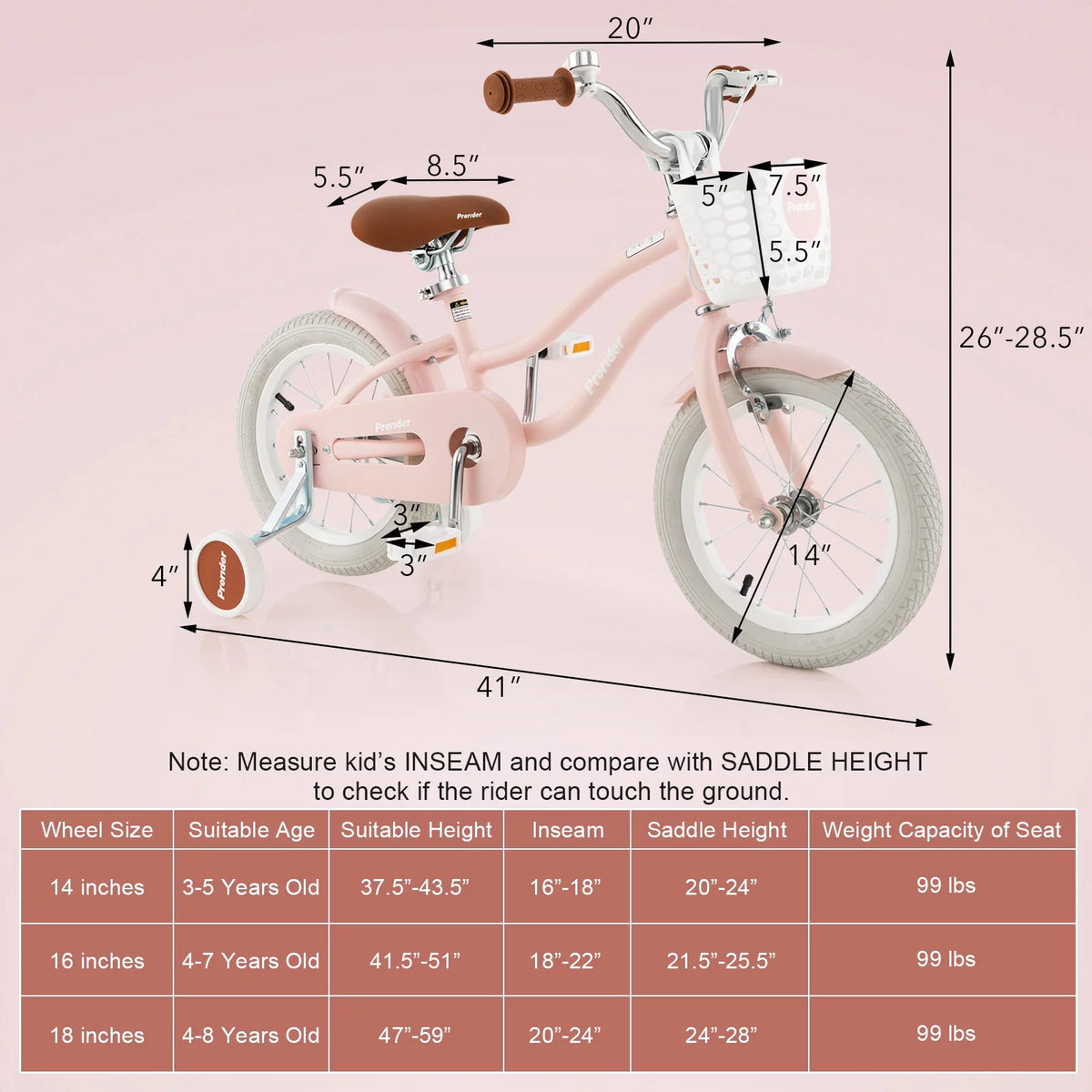 14'' Kids Bike with Training Wheels & Basket Pink V198614