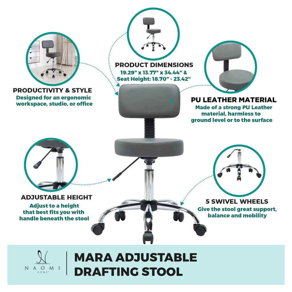 Black Faux Leather Adjustable Drafting Stool with Wheels P1255