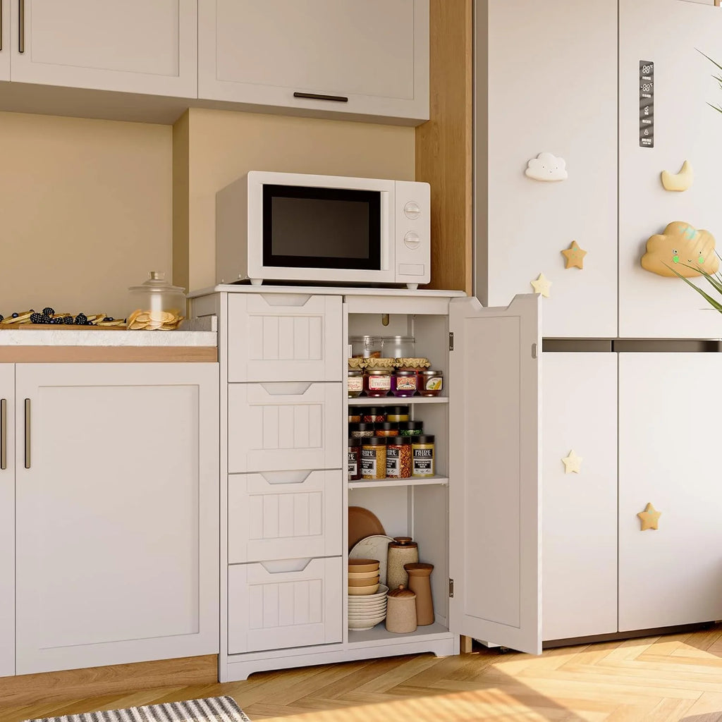 White 4 Drawer Wood Storage Cabinet with Door and Shelves T14299
