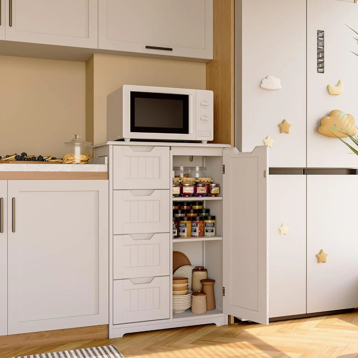 White 4 Drawer Wood Storage Cabinet with Door and Shelves T14299