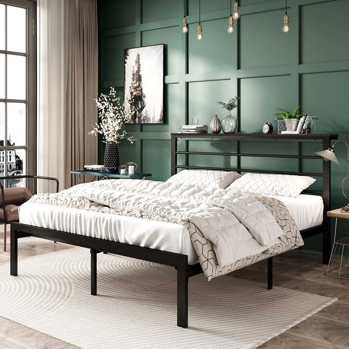 Black Queen Size Metal Platform Bed Frame with Headboard A517