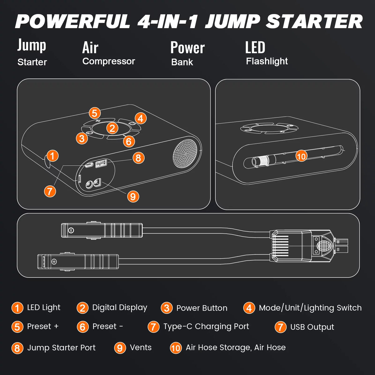 2000A Jump Starter with Air Compressor and 150PSI Tire Inflator B8711